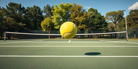 Tennis Ball in Mid Air over Green Court Outdoors Sunny Day