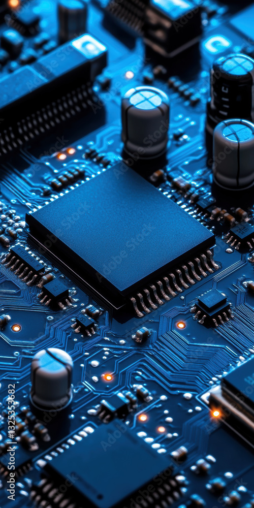 Poster close up of modern circuit board with microchip and electronic components