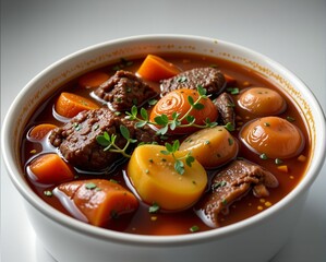 A hearty bowl of stew featuring tender meat, carrots, and potatoes, garnished with fresh thyme, perfect for a comforting meal.