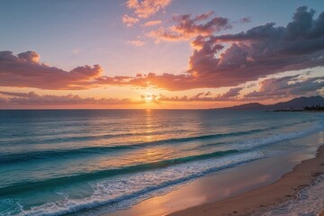 Fototapeta premium Breathtaking Sunset on Mexican Beach with Tranquil Azure Waters and Hidden Coastal Getaways