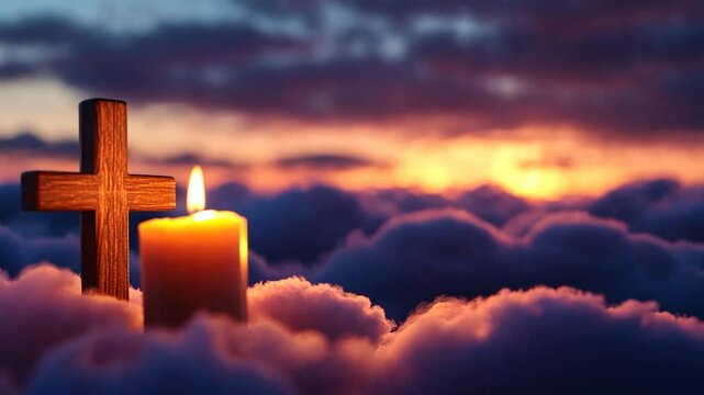 Burning candle and cross on clouds at sunset