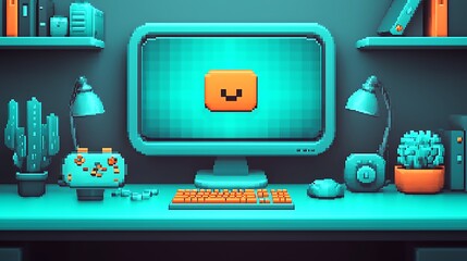 A pixelated computer setup showcasing a video game aesthetic style