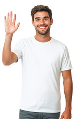 Smiling Man Waving Hand. Isolated Cheerful Young Male Says Hello. Friendly And Casual Greeting, Cutout On Transparent Background.
