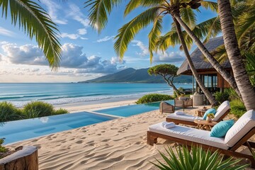 Enchanting Beachfront Oasis with Lush Palms and Serene Ocean Views