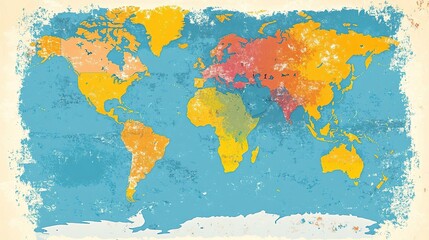 "Colorful Map of the World Illustration with Detailed Landmasses and Oceans"