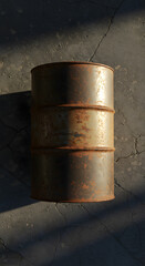 Rusty metal barrel stands on a concrete floor, illustrating concepts of decay, industry, and storage.