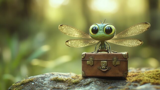 A whimsical dragonfly character with oversized eyes stands on a small wooden chest, surrounded by a dreamy, soft-focus natural background.