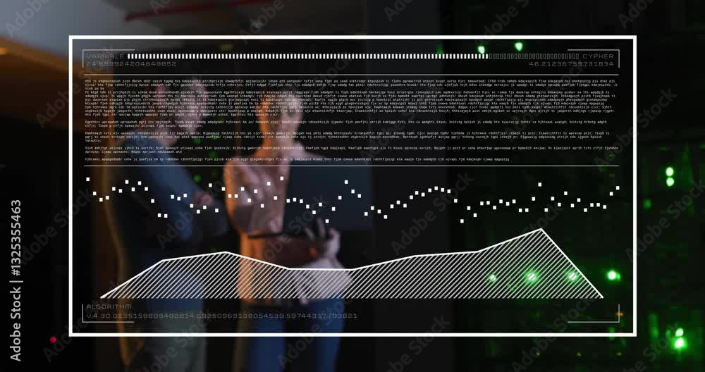 Poster analyzing animation with graphs and binary code, people in school setting