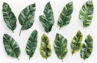 A Collection of Vibrant Green Tropical Leaves Isolated on White Background Showcasing Nature's Beauty and Diversity in Botanical Designs and Arrangements