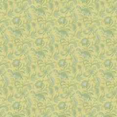 Green botanical seamless pattern with detailed leaves and paisley-style florals. Ideal for fabrics, wallpapers, and nature-inspired designs.
