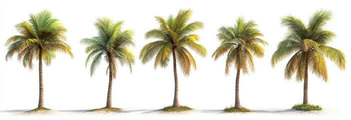 A Vibrant Collection of Isolated Tropical Palm Trees Ranging from Green to Golden Brown with Lush Foliage and Sandy Bases for Diverse Scenic Uses