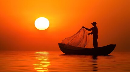 Silhouette of a fisherman casting his net at sunset in a serene seascape