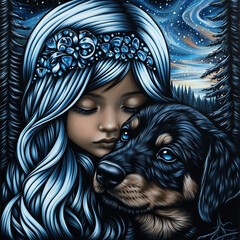 portrait of the girl with a rottweiler puppy