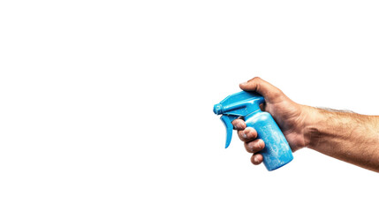 Hand holding spray bottle on transparent background