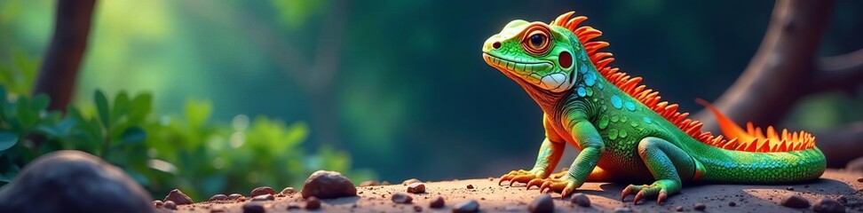 Fototapeta premium Colorful cartoon iguana with patterned scales striking a pose, pet, white background