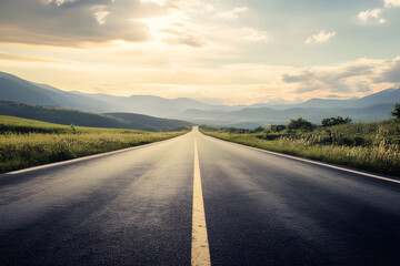Fototapeta premium asphalt road stretching into the distance. perspective, a long deserted road, autobahn highway 