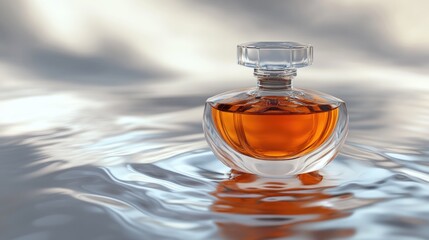 Elegant perfume bottle with amber liquid on a shimmering silver surface