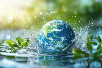 Earth splashes into water, symbolizing sustainability, conservation, and water day awareness. Perfect for water protection, climate change, and eco friendly initiatives