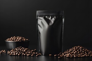 Black coffee packaging bag mockup with coffee beans on dark background, ideal for branding and product design presentation