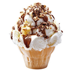 Vanilla Ice Cream Cone With Chocolate Sauce And Nuts. Summer Treat, Dessert. Isolated Against A Transparent Background