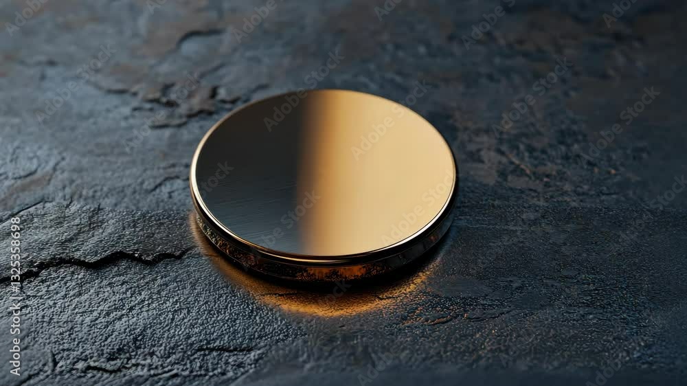 Poster rotating golden disc on textured surface showcasing reflection and light dynamics
