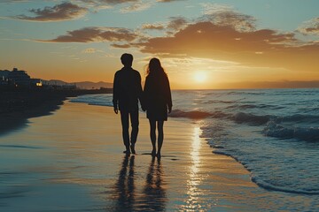Silhouetted couple walking together along a sandy beach at sunset
