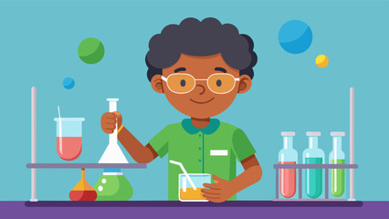 An elementary student eagerly mixes ingredients to create a chemical reaction in their test tube during a chemistry experiment.. Vector illustration