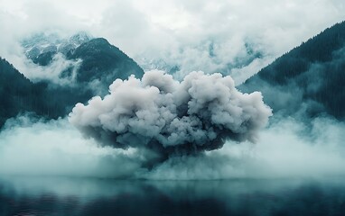 Fototapeta premium Moody Mountain Landscape with Smoke Cloud