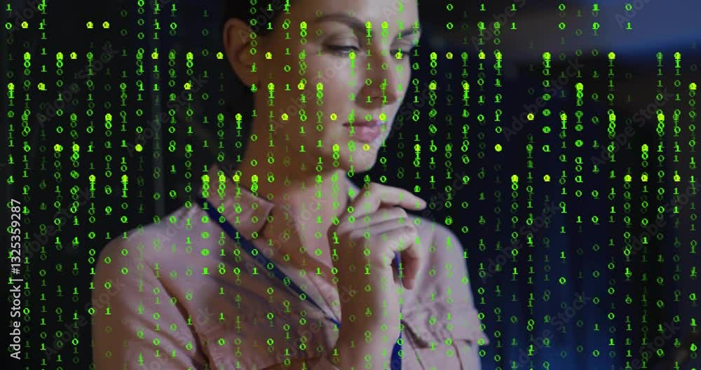 Poster interacting with digital interface, woman with green binary code animation overlay