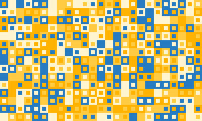 Abstract geometric pattern of yellow and blue squares.  Ideal for backgrounds, textiles, website design, and modern branding. Represents data flow, connection, or digital energy.