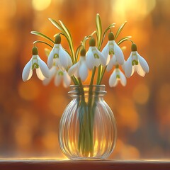 A beautiful glass vase holds snowdrop flowers with green stems