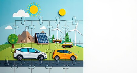 Naklejka premium Green Energy Puzzle Eco Friendly Cars Solar Wind Power