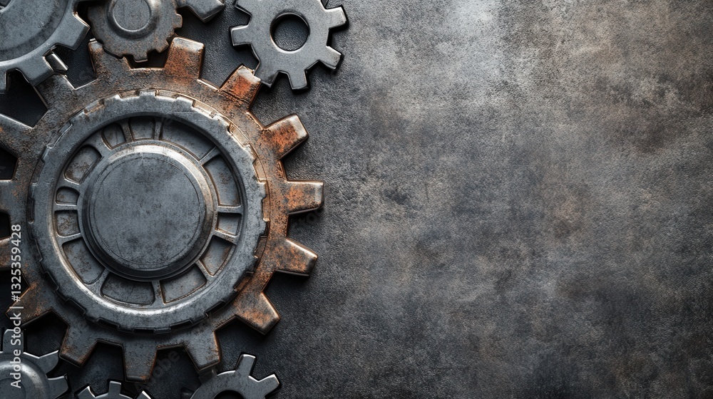 Poster industrial backdrop featuring robust gear patterns in gray and rust tones with a metallic gradient f