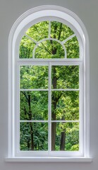 Fototapeta premium Beautiful arched window with scenic view of lush green trees in a serene environment enhancing natural light in a modern interior space