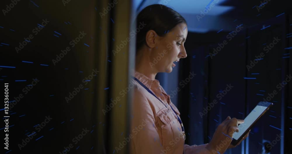 Poster woman using tablet in server room with digital data animation overlay