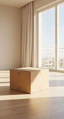 Single cardboard box placed on wooden floor in new apartment with large window, symbolizing moving and relocation process.