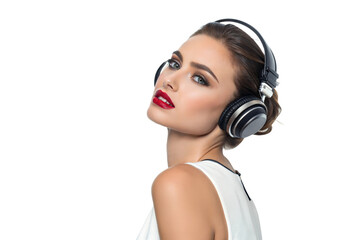 woman with headphones listening to music on white background