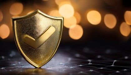A golden shield emblem with a checkmark reflects security and trust, set against a blurred backdrop of warm lights.
