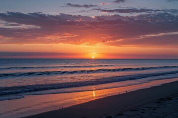 Fototapeta premium Breathtaking Sunset Shores Over Tranquil Ocean Waters for Stunning Evening Views