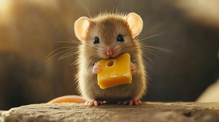 Obraz premium A cute mouse holds a piece of cheese, showcasing its adorable features against a blurred natural backdrop.