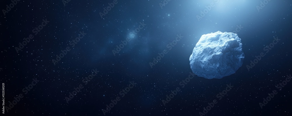 Poster cosmic components expansion concepts. a floating asteroid in a dark cosmic backdrop with stars.