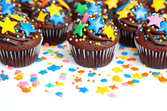Chocolate cupcakes decorated with colorful sprinkles and star-shaped frosting