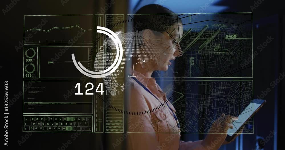 Poster using tablet, woman viewing digital data processing overlay in school setting