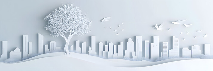 The person who knows. Tree, Achieve sustainable growth, World Environment Day. White eco urban city and nature landscape background paper art style.