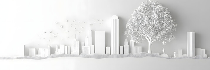 The person who knows. Tree, Achieve sustainable growth, World Environment Day. White eco urban city and nature landscape background paper art style.