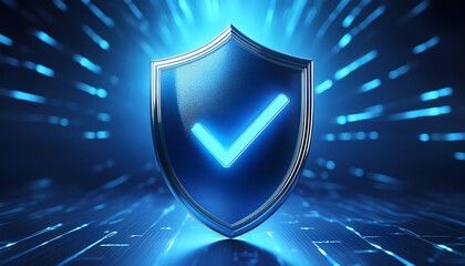 A glowing blue shield with a check mark, symbolizing security and protection in a digital environment.