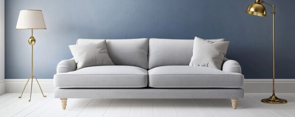 A comfortable grey sofa between two elegant standing lamps