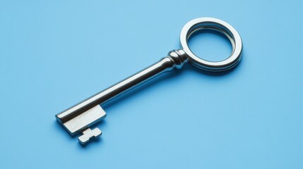 Vintage silver key on blue background reflecting security and mystery concepts