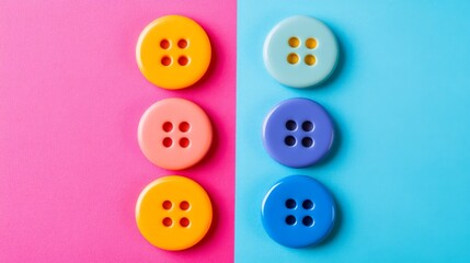Colorful button arrangement on pink and blue background for craft design