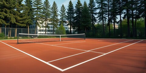 Outdoor Tennis Court Red Clay Surface Green Trees Background